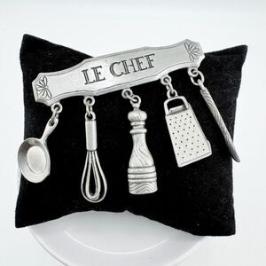 Signed JJ Pewter Le Chef Kitchen Utensil Dangle Brooch Vintage Cook Wisk Pan